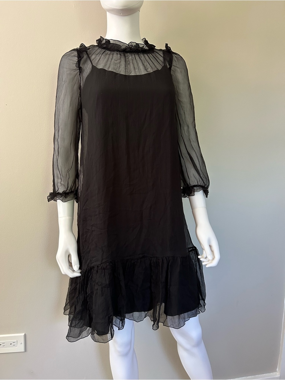 Vintage Miu Miu Black 100% Silk Sheer Ruffle Dress IT 38 Slip Made Italy